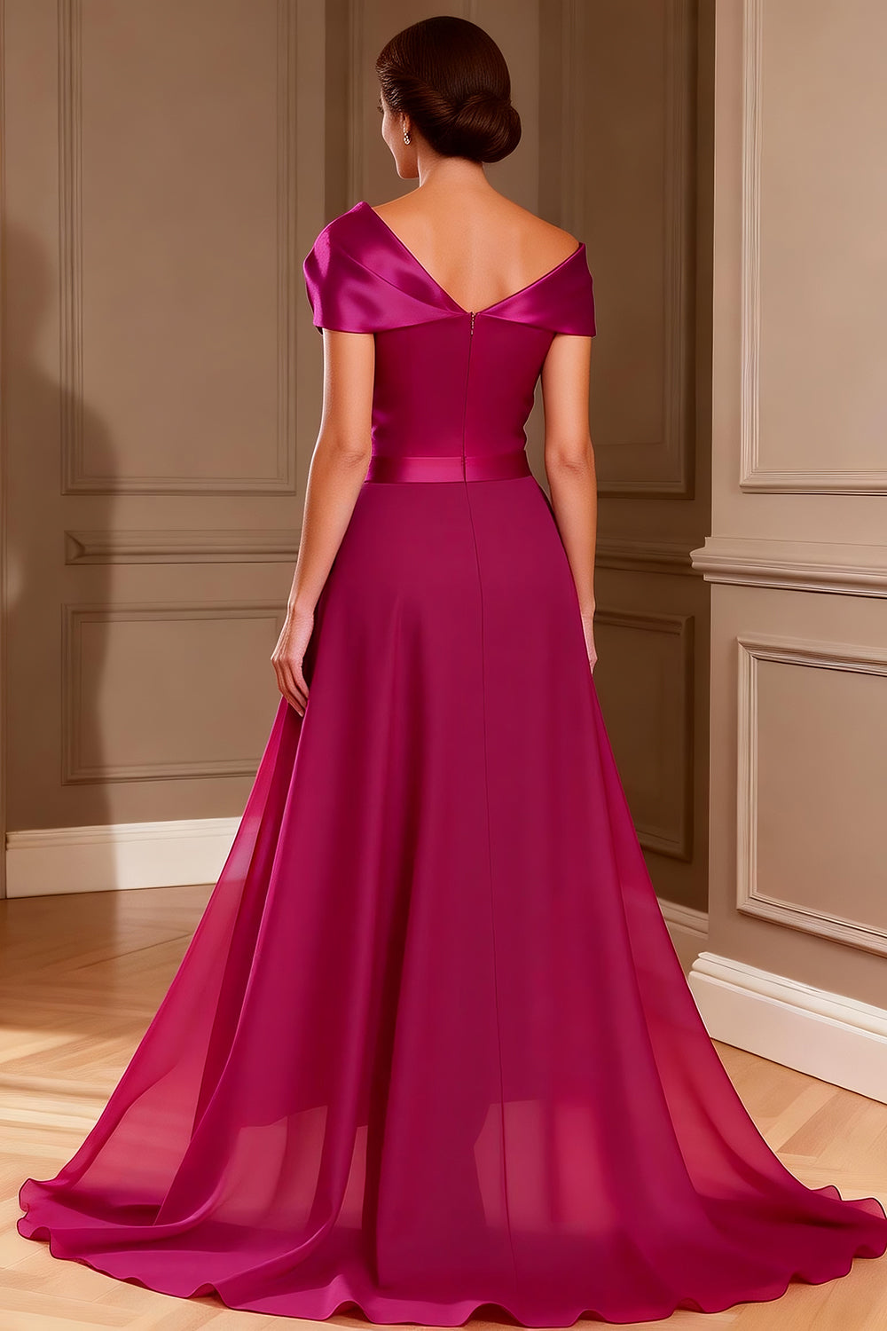 Fuchsia Asymmetrical Neck Ruched Long Mother of the Bride Jumpsuits with Cape Evening Dress