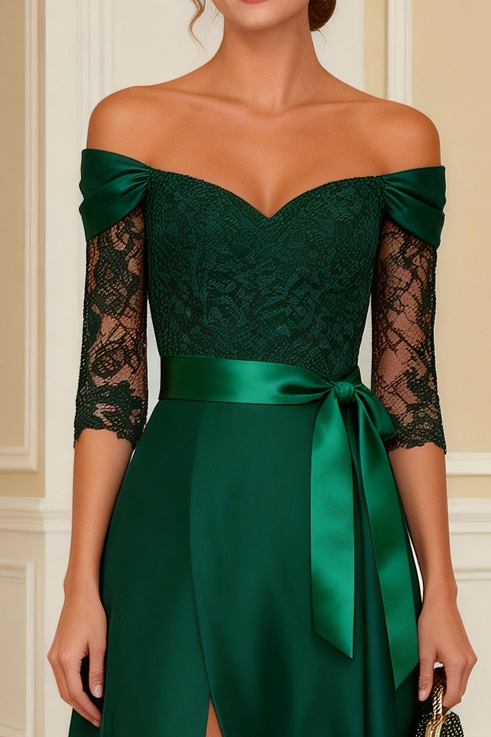 Dark Green Off the Shoulder A Line Long Mother of the Bride Dress with Lace