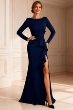 Navy Ruffled Boat Neck Mermaid Long Sleeves Mother of the Bride Dress with Slit