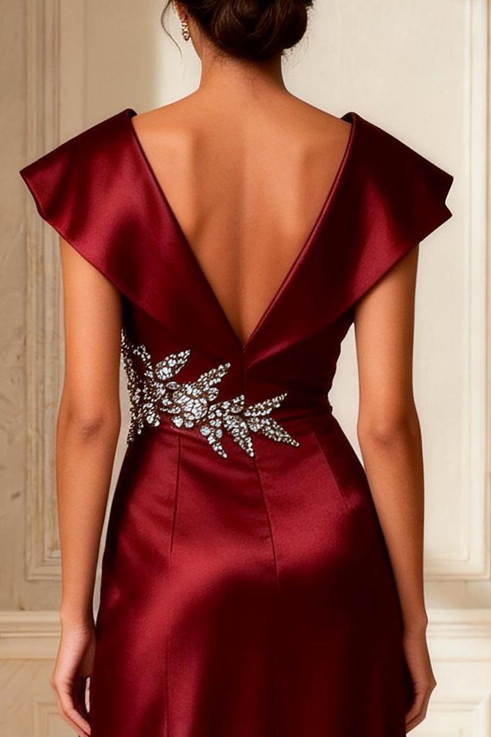 Sparkly Burgundy A Line Satin V-Neck Long Mother of the Bride Dress with Slit