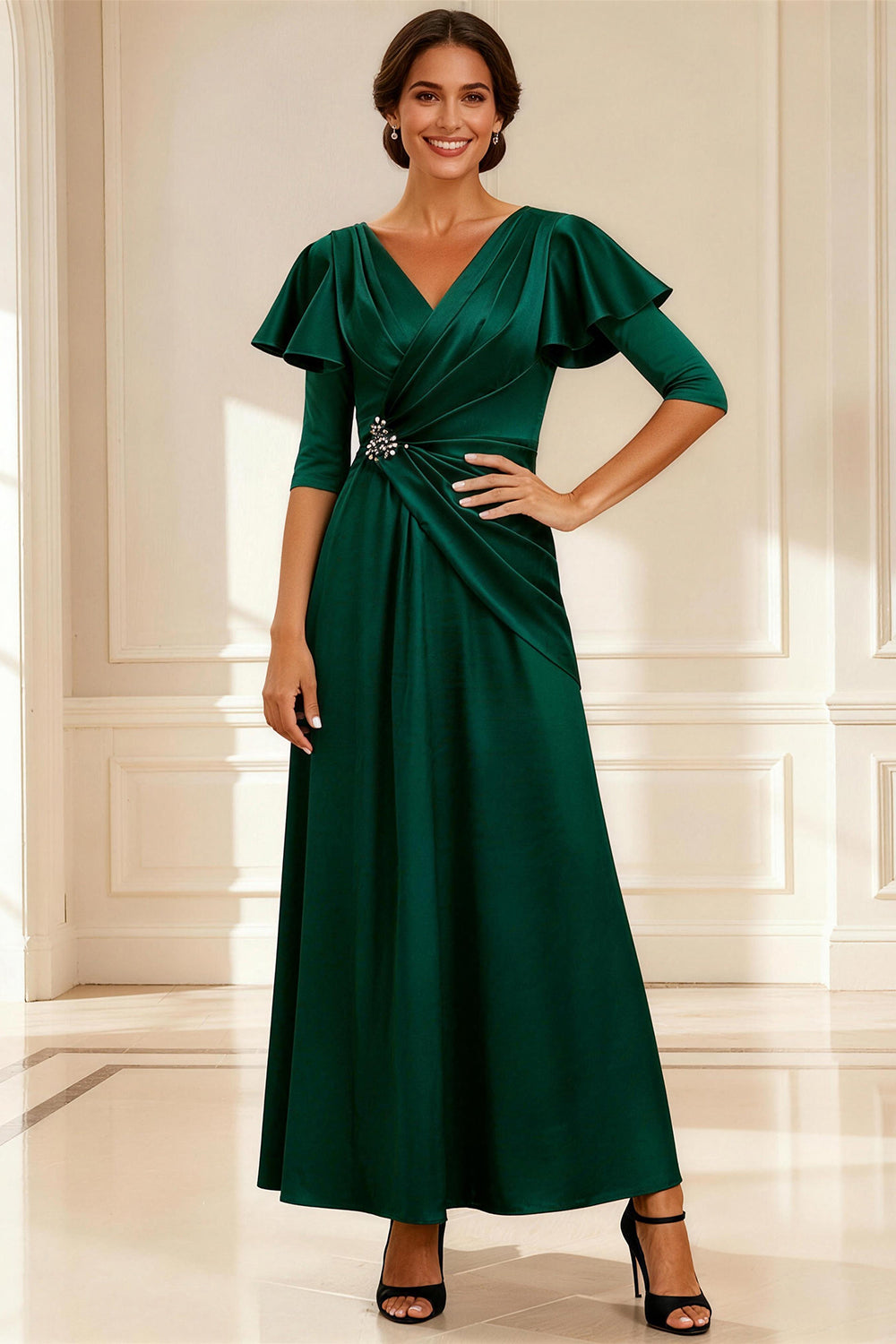 Sparkly Dark Green Satin V Neck A Line Long Mother of the Bride Dress