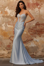 Dusty Blue Strapless Mermaid Corset Satin Long Prom Dress with Beading