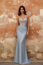 Dusty Blue Strapless Mermaid Corset Satin Long Prom Dress with Beading