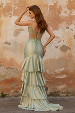 Sage Green Mermaid Ruffled Satin Corset Long Prom Dress with Appliques