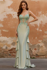 Sage Green Mermaid Ruffled Satin Corset Long Prom Dress with Appliques