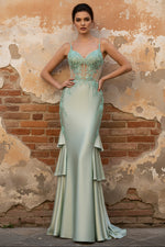 Sage Green Mermaid Ruffled Satin Corset Long Prom Dress with Appliques