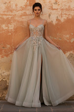 Sparkly A-Line Beaded Corset Peach Sequin Long Tulle Prom Dress with Slit