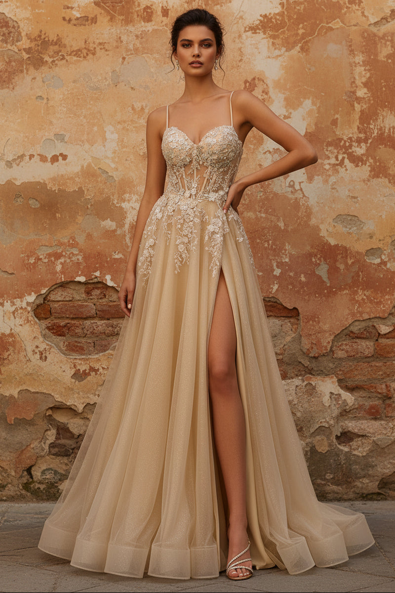 Sparkly A-Line Beaded Corset Peach Sequin Long Tulle Prom Dress with Slit