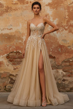 Sparkly A-Line Beaded Corset Peach Sequin Long Tulle Prom Dress with Slit