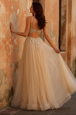 Sparkly A-Line Beaded Corset Peach Sequin Long Tulle Prom Dress with Slit