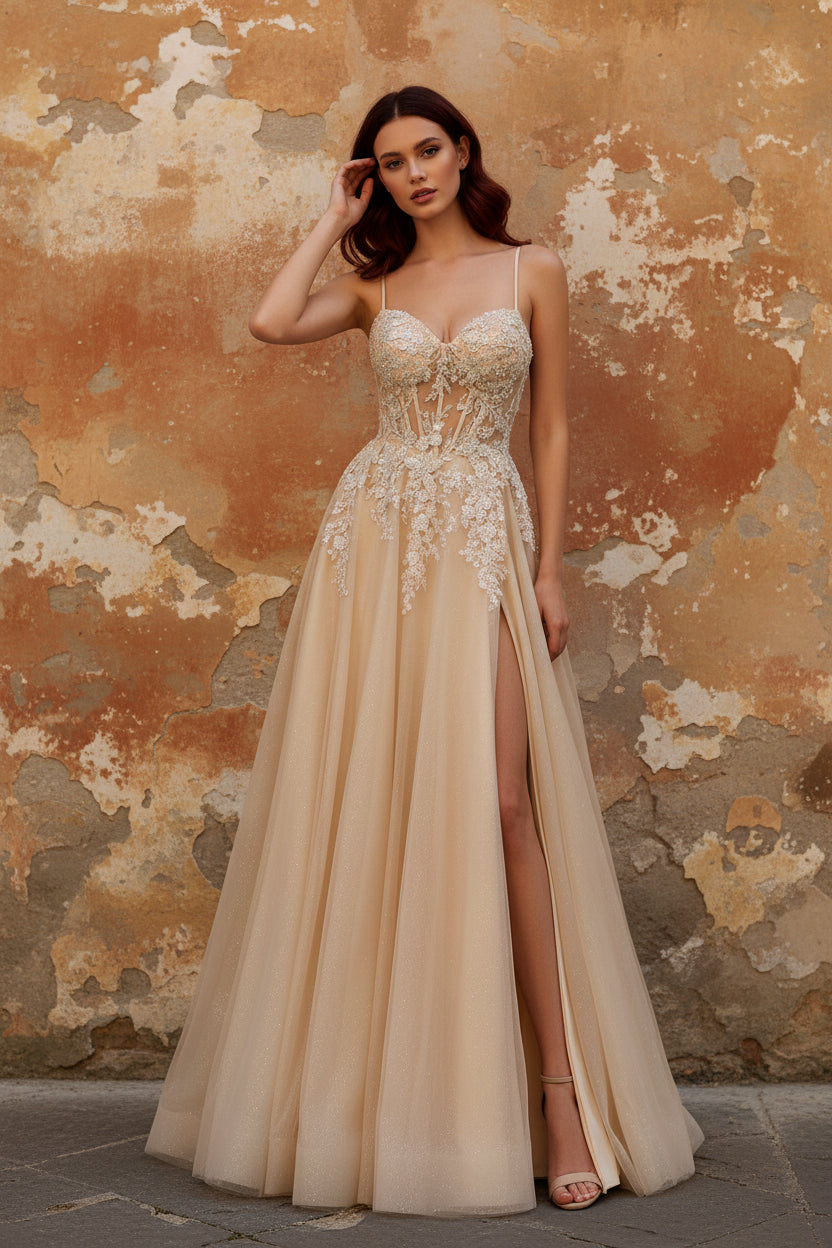 Sparkly A-Line Beaded Corset Peach Sequin Long Tulle Prom Dress with Slit