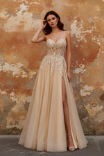 Sparkly A-Line Beaded Corset Peach Sequin Long Tulle Prom Dress with Slit