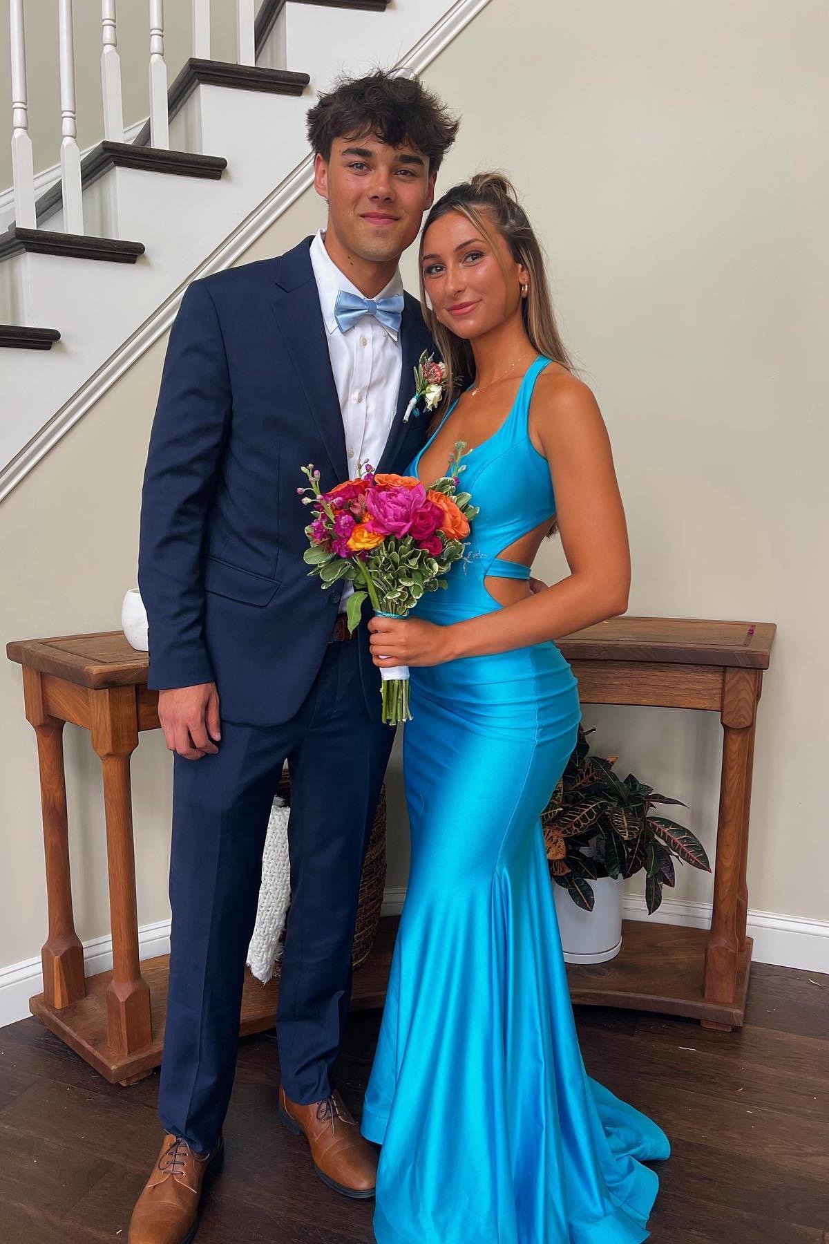 V Neck Blue Mermaid Prom Dresses Sleeveless Long Formal Dress