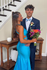 V Neck Blue Mermaid Prom Dresses Sleeveless Long Formal Dress