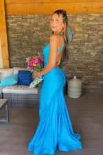 V Neck Blue Mermaid Prom Dresses Sleeveless Long Formal Dress