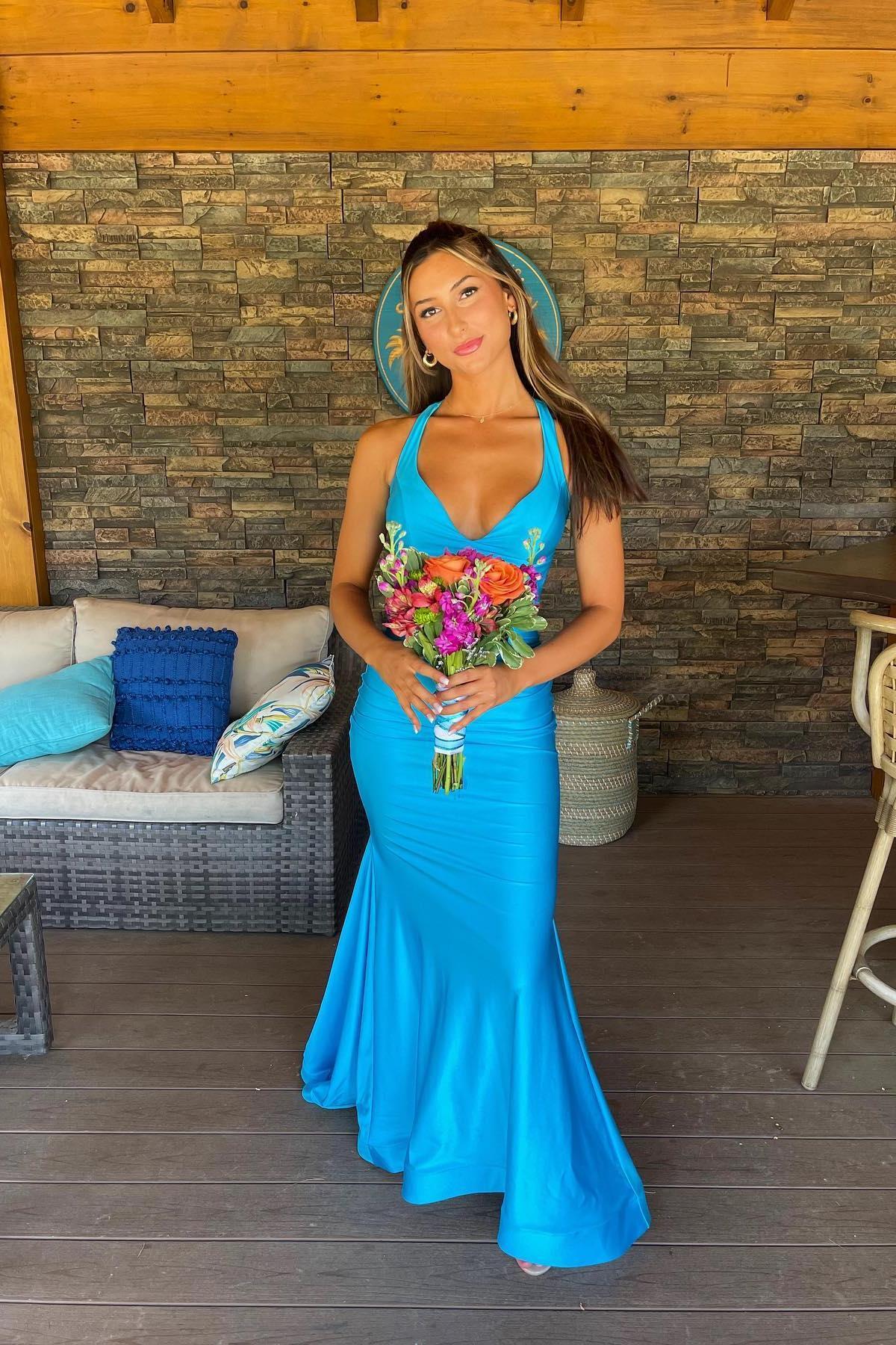 V Neck Blue Mermaid Prom Dresses Sleeveless Long Formal Dress