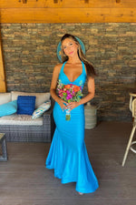 V Neck Blue Mermaid Prom Dresses Sleeveless Long Formal Dress