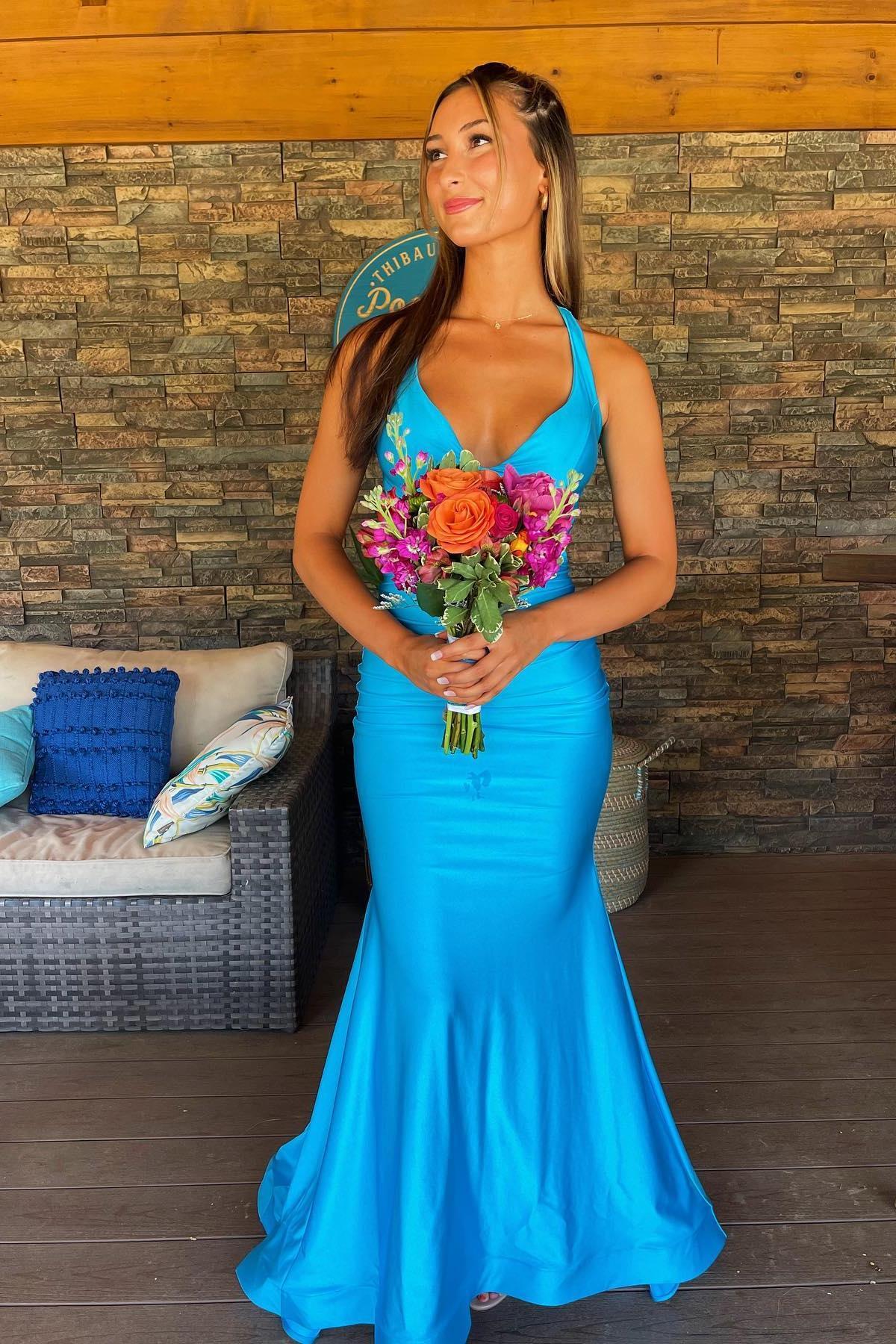 V Neck Blue Mermaid Prom Dresses Sleeveless Long Formal Dress