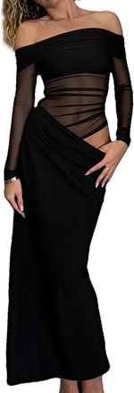 Sexy Mesh Off Shoulder Dress Elegant Sheer See Through Long Sleeve Ruched Bodycon Maxi Dresses