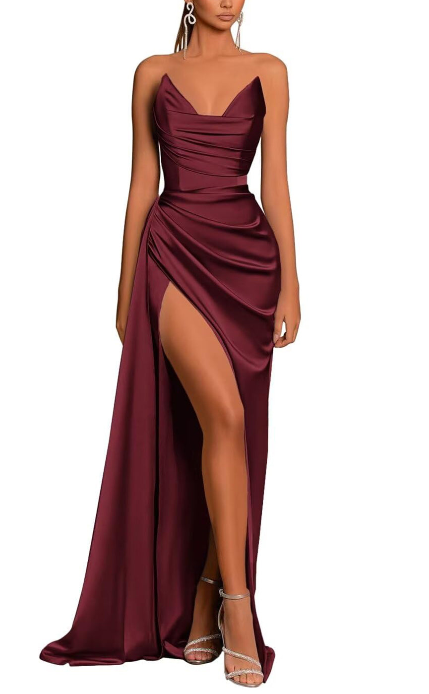 L0974 - Simple Couture Strapless Draped With Train and High Slit Evening Party Prom Formal Dress