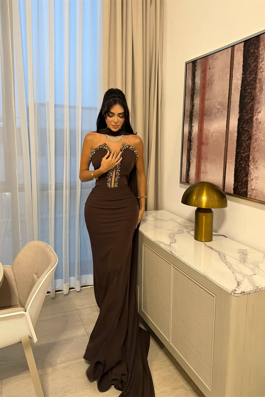 Dark Brown V-Neck Strapless Mermaid Prom Dress Long With Crystals