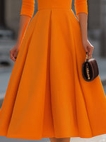 Orange Deep V-Neck Fit-and-Flare Midi Dress