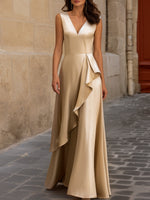 Elegant Satin V-Neck Maxi Dress With Asymmetric Ruffle