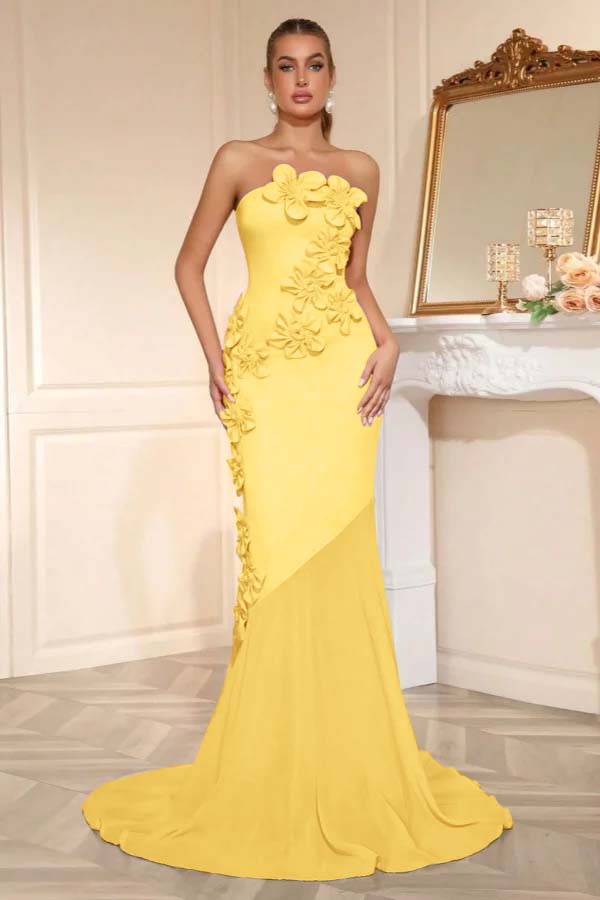 Candy Pink Strapless Sleeveless Long Mermaid Prom Dress With Flower Appliqués