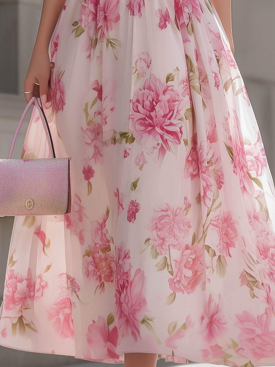 Pink Floral One-Shoulder Chiffon Sleeveless A-Line Wedding guest Dress