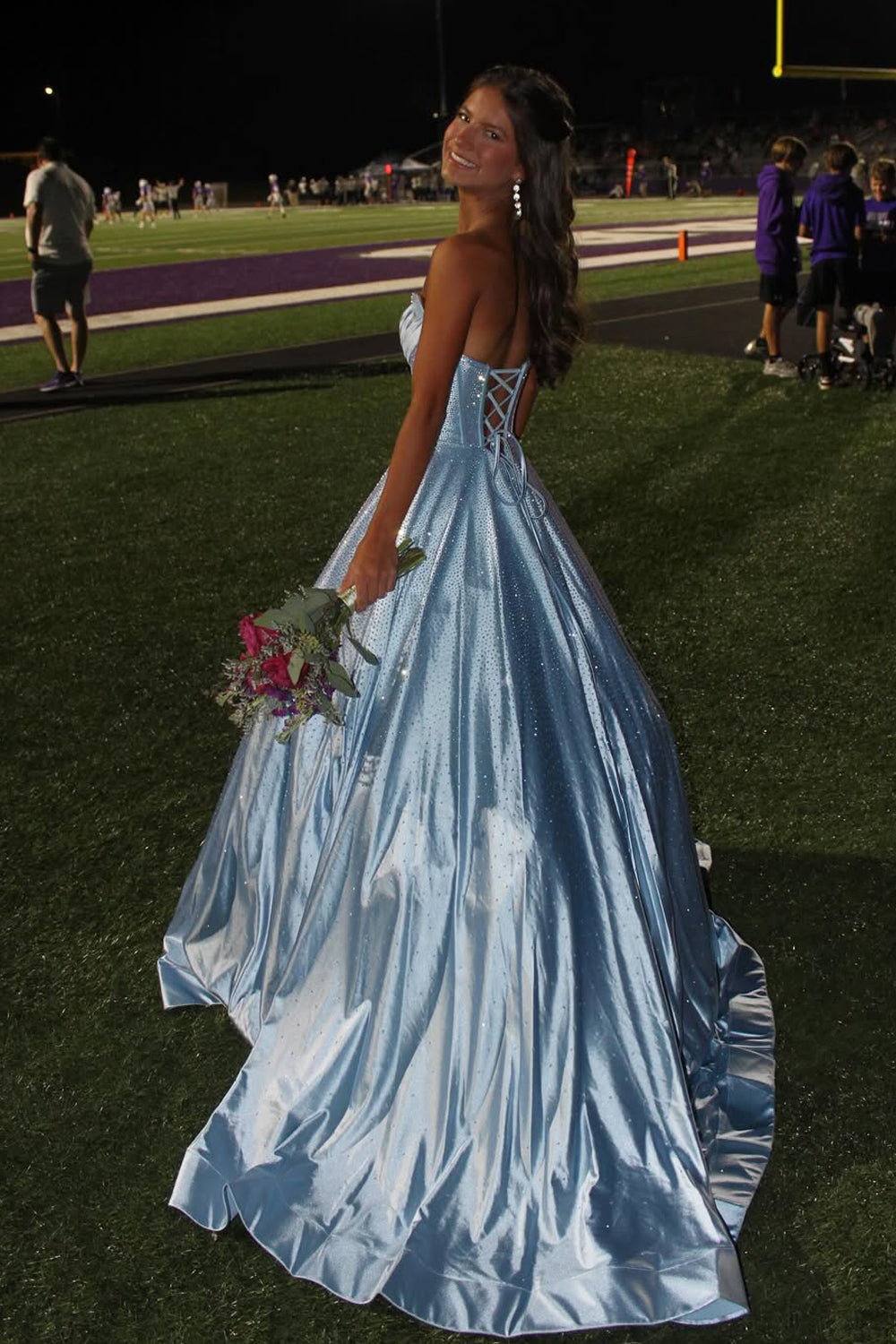 Gorgeous A Line Scoop Neck Light Blue Satin Long Prom Dress with Rhinestones VK25100705