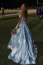Gorgeous A Line Scoop Neck Light Blue Satin Long Prom Dress with Rhinestones VK25100705