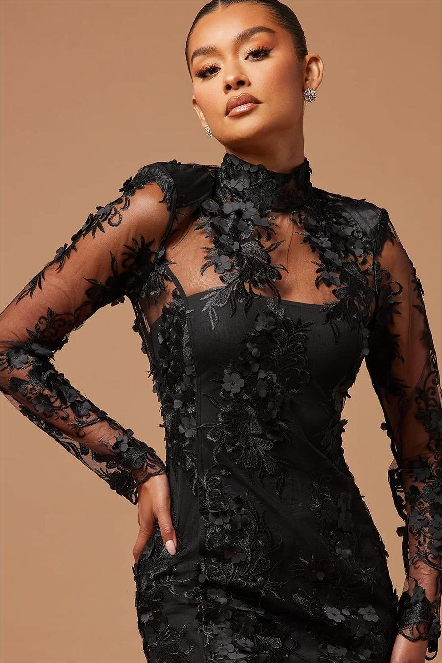 Stunning Black High Neck Long Sleeves Short Prom Dress With Flower Appliques