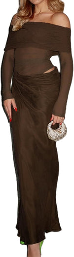 Sexy Mesh Off Shoulder Dress Elegant Sheer See Through Long Sleeve Ruched Bodycon Maxi Dresses