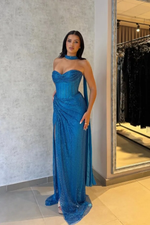V-Neck Strapless Sleeveless Long Pleated Mermaid Prom Dress With Ruffles And High Split