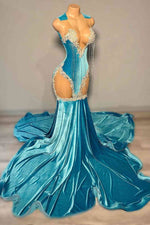 Scoop Sleeveless Ocean Blue Velvet Prom Dress Mermaid Long With Beadings