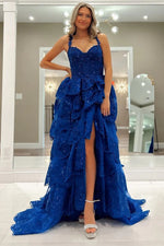 Blue Sweetheart Tulle Evening Gown with Sequin Tiered Ruffles