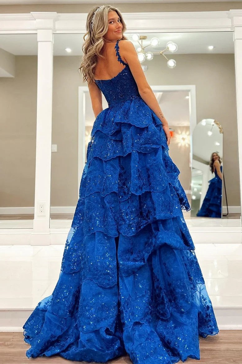 Blue Sweetheart Tulle Evening Gown with Sequin Tiered Ruffles