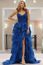 Blue Sweetheart Tulle Evening Gown with Sequin Tiered Ruffles