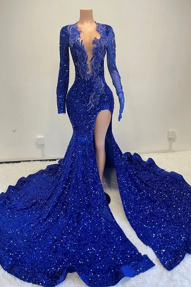 Royal Blue Long Sleeves Scoop Prom Dress Mermaid Split Sequins With Beadings