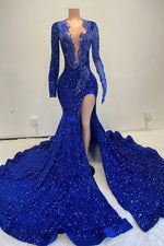 Royal Blue Long Sleeves Scoop Prom Dress Mermaid Split Sequins With Beadings