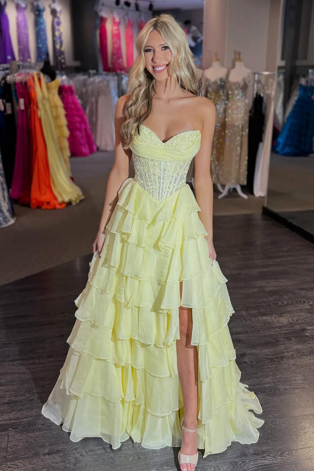 A Line Sweetheart Daffodil Chiffon Tiered Prom Dress with Appliques