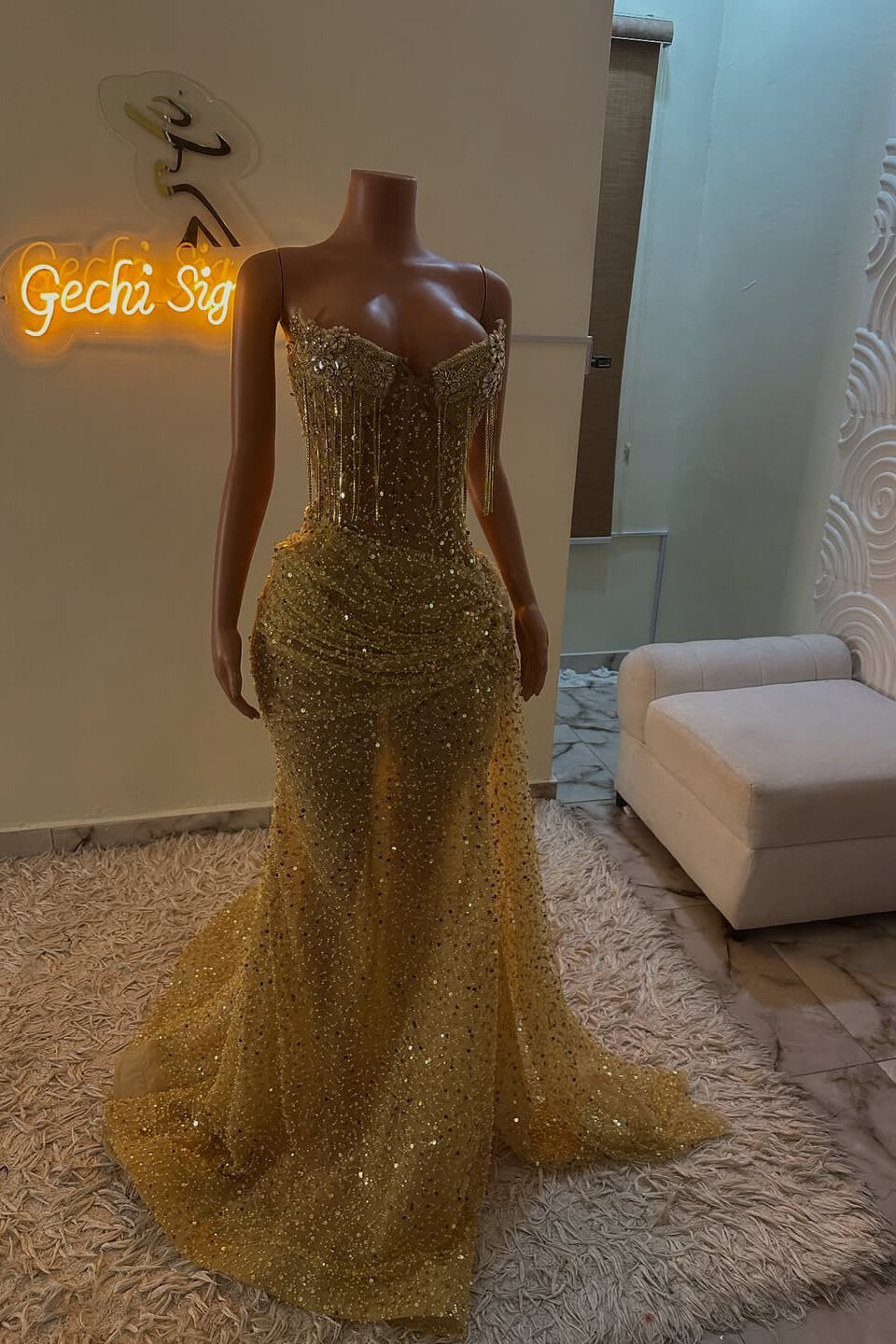 Gold Sweetheart Sleeveless Prom Dress Long With Sequins Crystals Tassels Online