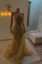 Gold Sweetheart Sleeveless Prom Dress Long With Sequins Crystals Tassels Online