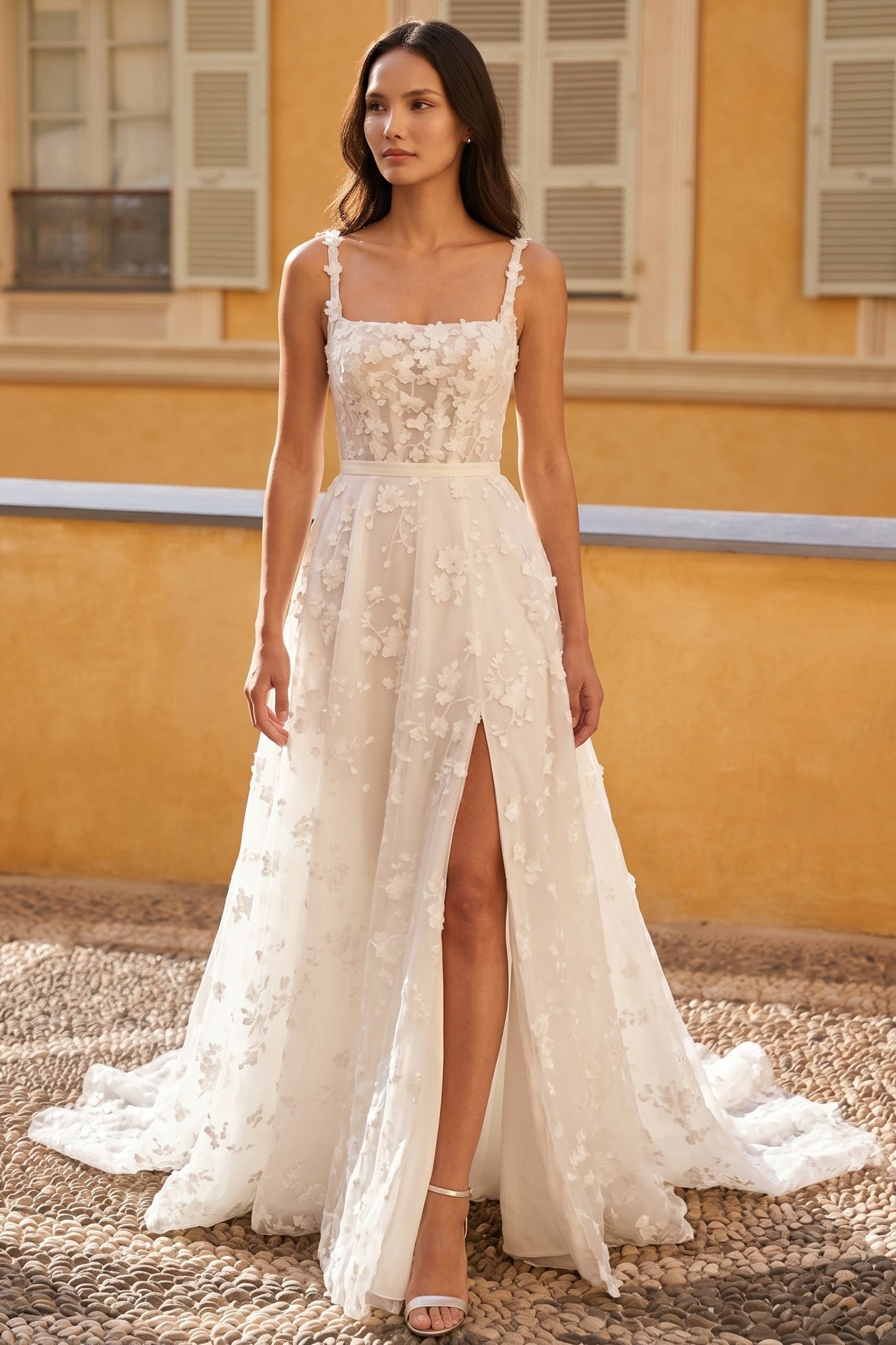 Spaghetti Straps Sleeveless Applique A-Line Side Slit Wedding Dress