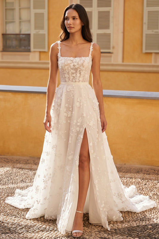 Spaghetti Straps Sleeveless Applique A-Line Side Slit Wedding Dress