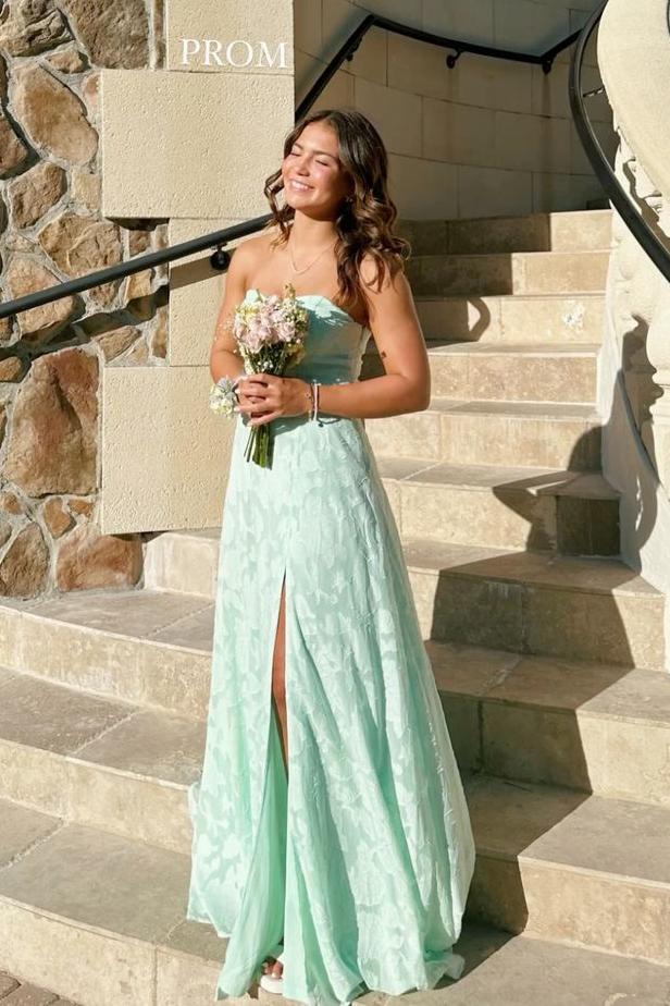 Strapless Mint Green Lace A-line Formal Dress