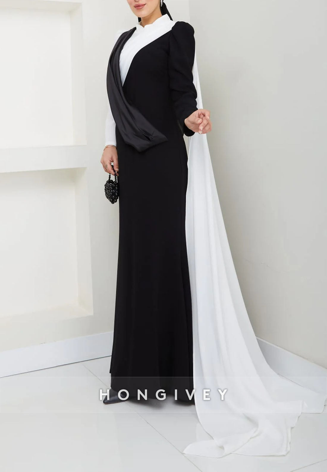 Black and White Long Sleeves High Neck Side Draping Trumpet Evening Gowns