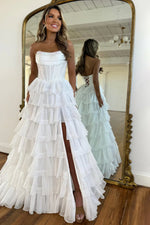 Gorgeous A Line Strapless Daffodial Tiered Chiffon Prom Evening Dresses with Hot Stone
