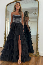 Gorgeous A Line Strapless Daffodial Tiered Chiffon Prom Evening Dresses with Hot Stone