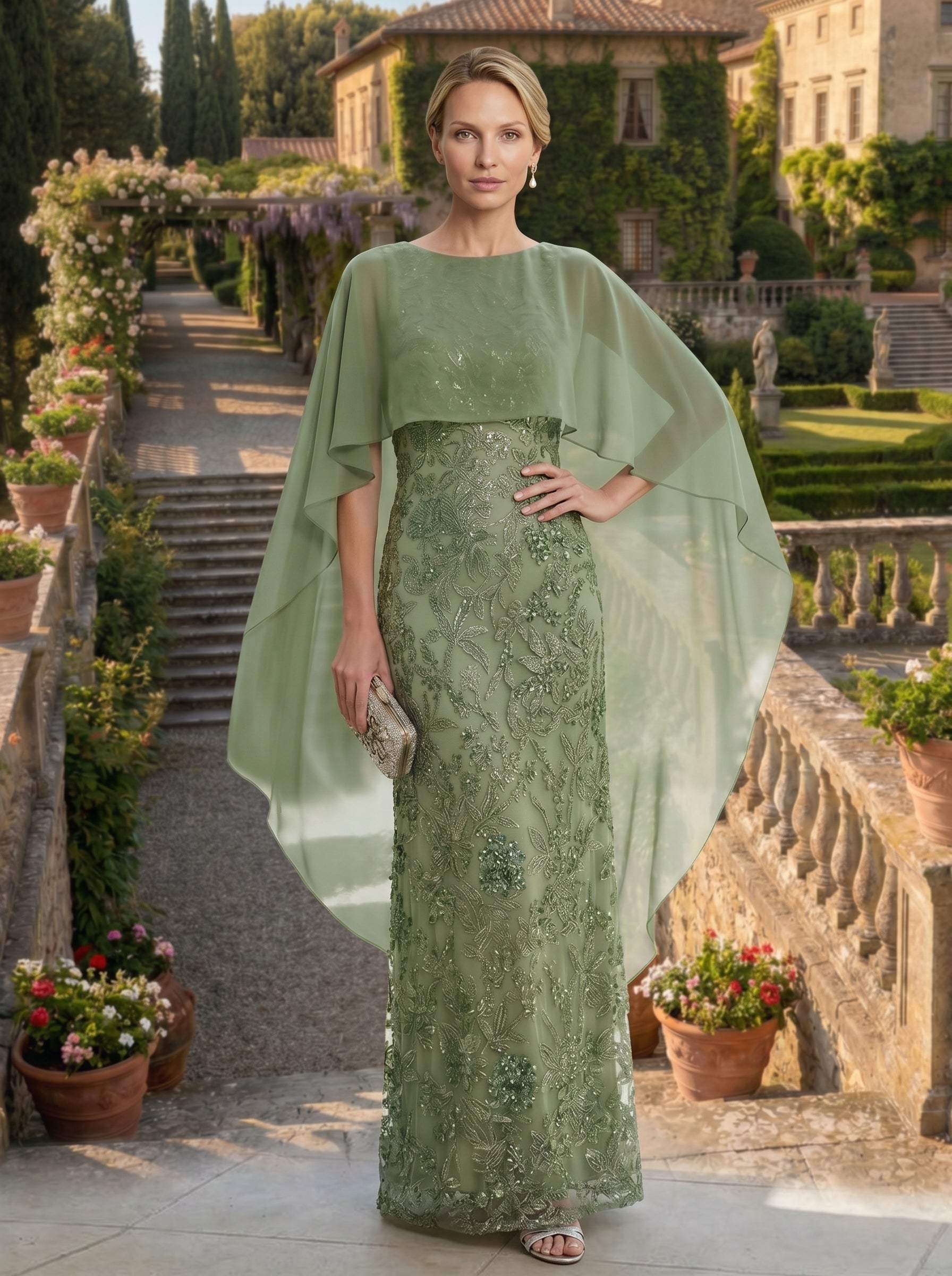 Sheath 3D Floral Embellished Lace Floor-Length Mother of the Bride with Chiffon Capelet Sleeves